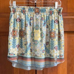 Blue, Yellow, Brown Paisley Print Mini Skirt - lined with stretch waist - Large